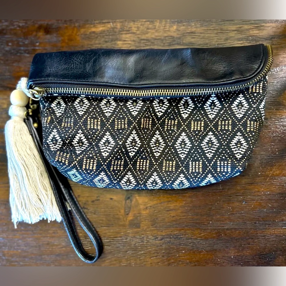 Black Zipper Clutch with White & Gold Pattern